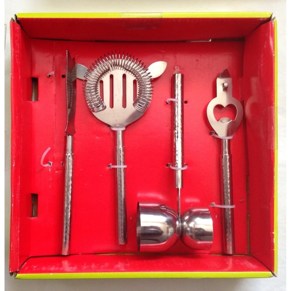 4 Piece Bar Set Hammered Stainless- Strainer, Opener, Peg Measurer, Citrus Knife
